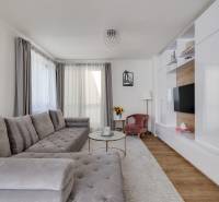 A bright living room with a large gray sofa and a TV wall in a three-room apartment.
