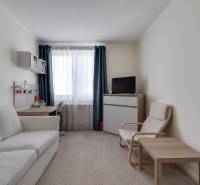Living room in a 3-room apartment with a comfortable sofa, armchair, and desk.