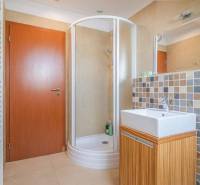 Bathroom in a Holiday Apartment with a shower corner and a square sink.