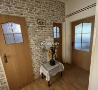 Hallway in a 3-room apartment with wooden doors and decorative wallpaper with a brick pattern.