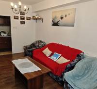 Living room in a two-room apartment with sofas, a coffee table, and decorations on the walls.