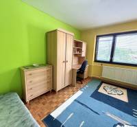 A room in a family house with a green wall, a wardrobe, and a desk.