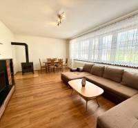 Living room in a family house with a fireplace, sofa, dining table, and television.