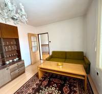 Living room in a family house with a sofa, wardrobe, chandelier, and carpet.