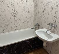 Bathroom in a studio apartment with a bathtub and a sink, marble-look walls.
