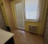 A kitchen in a studio apartment with laminate flooring, a radiator, and a built-in wardrobe.
