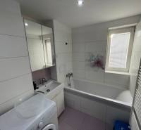 Bathroom in a 2-room apartment with a bathtub, sink, and washing machine.