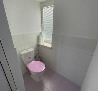 A bathroom in a 2-room apartment with a pink toilet and white tiles.