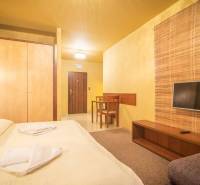 Recreational apartment with a double bed, wall-mounted television, and wooden furniture.