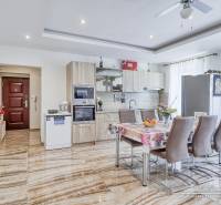 Kitchen in a 2-room apartment with a dining table and entrance door.