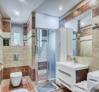 Bathroom in a 2-room apartment with brown and beige tiles.