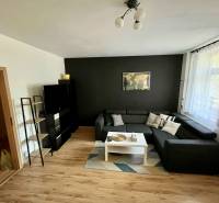 Living room in a two-room apartment with a sofa, table, and black wall.