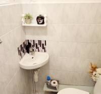 A small bathroom in a two-room apartment with a sink, toilet, and decorations.