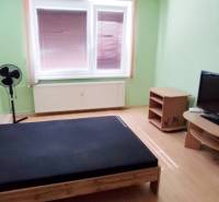 Bedroom in a two-room apartment with a bed, television, and a fan in the corner of the room.