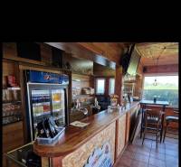 Wooden interior of gastro spaces with a bar, refrigerator, and television.