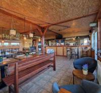 Gastro premises with wooden interior, tables, chairs, bar, and decorations on the walls.