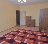 A room in a 2-room apartment with a wooden floor, a cabinet, and a red carpet.