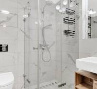 A bathroom in a 2-room apartment with marble tiles, a shower corner, and a toilet.