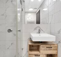A bathroom with a shower and a sink in a 2-room apartment with marble tiles.