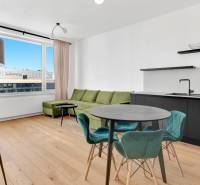 Living room in a two-room apartment with a kitchenette, chairs, and a floor lamp.