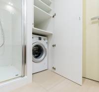 Bathroom with a shower and a washing machine in a 3-room apartment.
