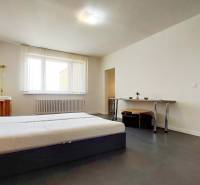 1-bedroom apartment with a bedroom, a desk, and white walls, part of comfortable living.
