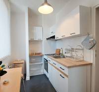 A kitchen in a studio apartment with a wooden counter, white cabinets, and a dining table.