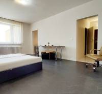 A bedroom in a studio apartment with a bed, a desk, and a chair.