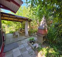 Garden terrace at the cottage in Nemciach with a fireplace, surrounded by dense greenery.