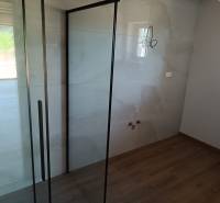 Shower enclosure with glass doors in the cabin, bright interior with wooden flooring.