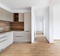 A kitchen with wooden elements and a hallway in a 3-room apartment, bright and minimalist solution.