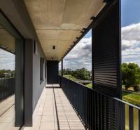 The balcony of a 3-room apartment on Napervillska Street in Nitra with a view of greenery.
