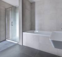 A bathroom in a 3-room apartment with a bathtub, shower, and sink.