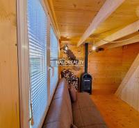 The interior of the cabin with a fireplace, wooden walls, and a sofa creates a cozy atmosphere.