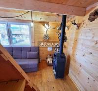 A wooden interior of a cabin with a fireplace and a sofa. The decorations made of antlers are dominant.