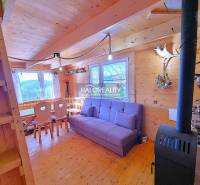 The interior of a cabin with wooden furniture, a fireplace, and a view of nature.