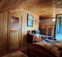 A room in a cabin with wooden paneling, a bunk bed, and furniture.