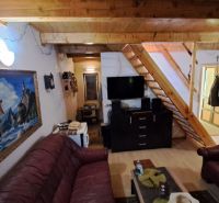 Living space in a cabin with a staircase, leather sofas, and a wood-patterned floor.