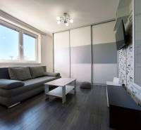 Living room in a two-room apartment with a sofa, table, and television.