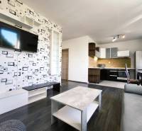Living room in a two-room apartment with a television, kitchen, and dining table.