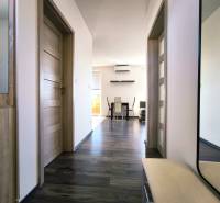 A hallway with a mirror and a view into the living room in a 2-room apartment.