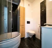 Bathroom with a shower, sink, and toilet in a 2-room apartment.