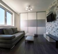 Living room in a two-room apartment with a sofa and a television on wall decoration.