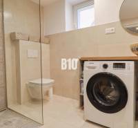 A bathroom in a family house with a washing machine, shower cabin, and decorative sink.