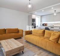 Living room in a family house with mustard sofas and a kitchenette.