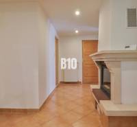 Hallway with a fireplace and wooden doors in a family house.