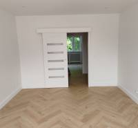 A room in a 2-room apartment with a wooden floor and sliding white doors.