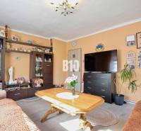 Living room with dark furniture, a television, and decorations in a family house.