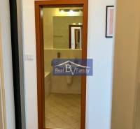 A hallway with a wooden floor leads to the bathroom in a studio apartment.