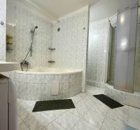 A bathroom with a corner bathtub and a shower in a 3-room apartment.